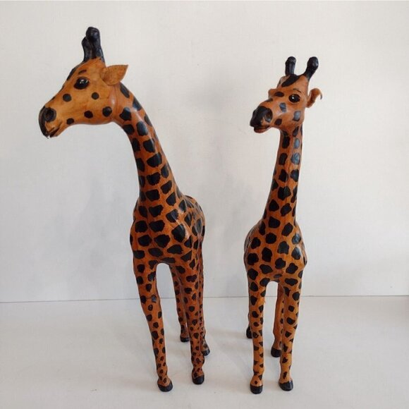 Vtg Set Of Hand Crafted Leather Wrapped Giraffe Figurines Statues 16" Glass Eye - Picture 2 of 13